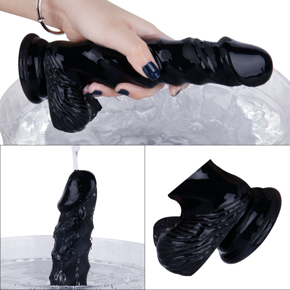 Black Rippled Silicone G-Spot Dildo With Balls