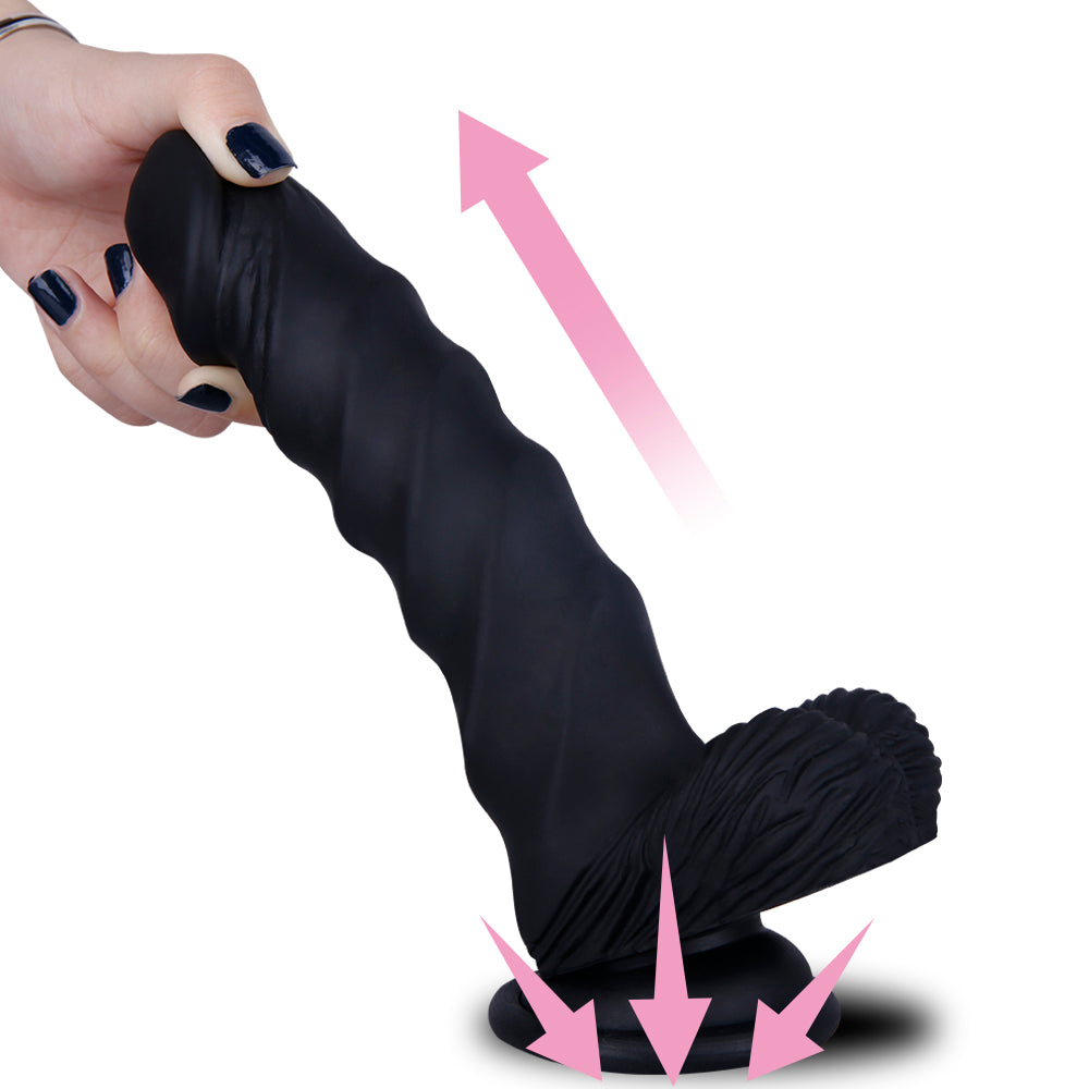 Black Rippled Silicone G-Spot Dildo With Balls