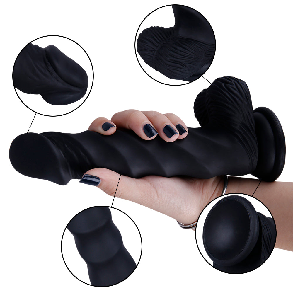 Black Rippled Silicone G-Spot Dildo With Balls